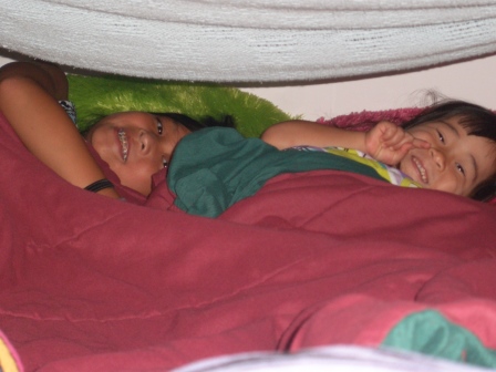 Kasen and Karis in their tent